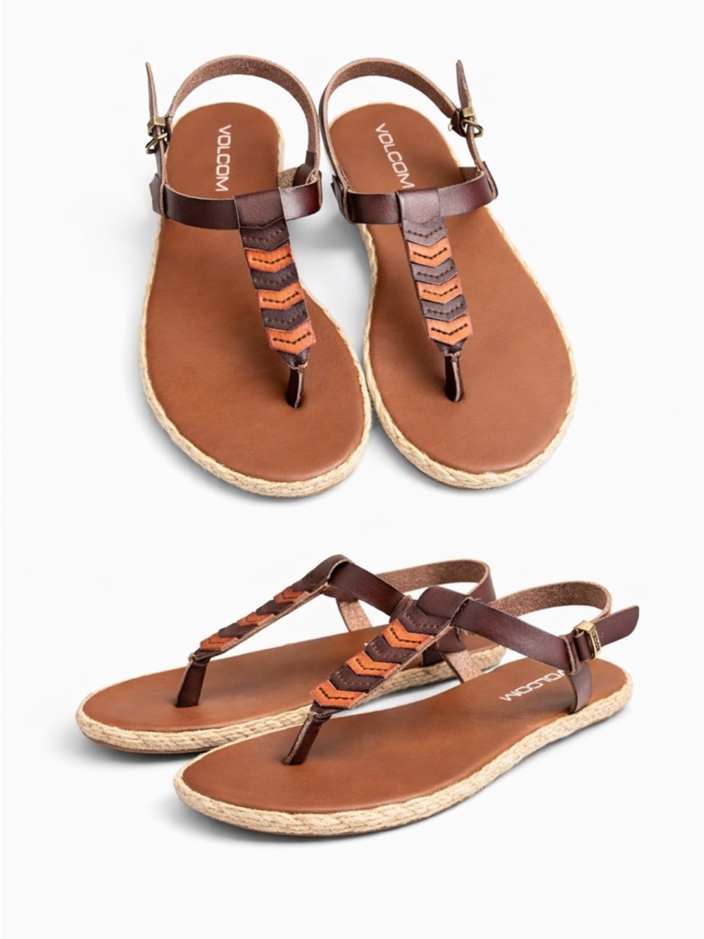 Volcom Women's Brown Leather Chevron Strap Sandals